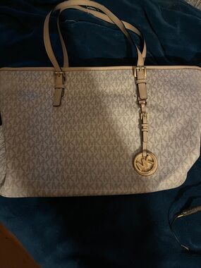 Michael Kors Taupe MK Signature Tote with Gold Charm